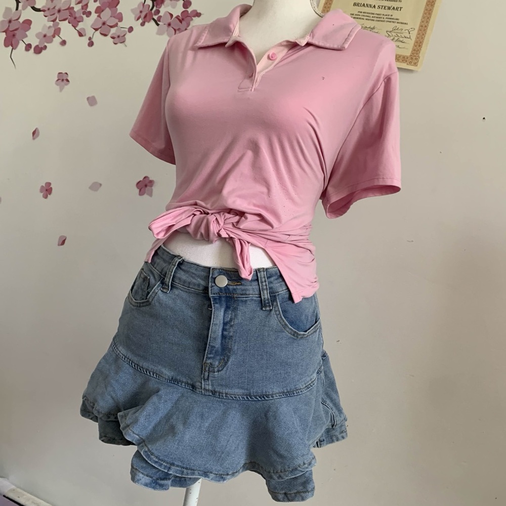 Pink Polo Shirt and Denim Skirt